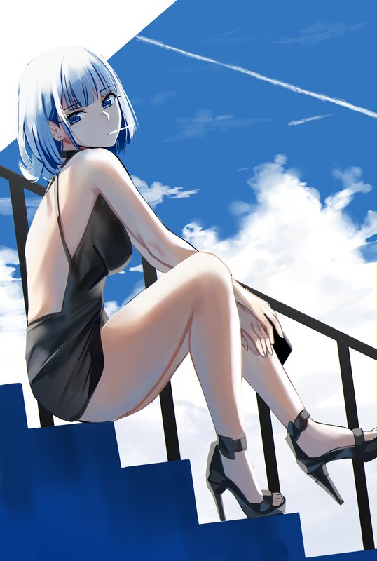 Anime Woman on Stairs — Blue