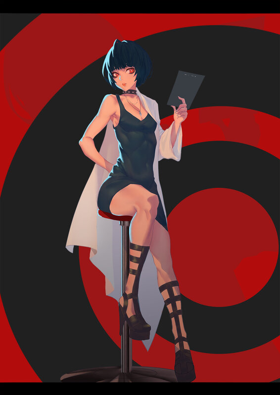 Anime Woman on Stool — Red
