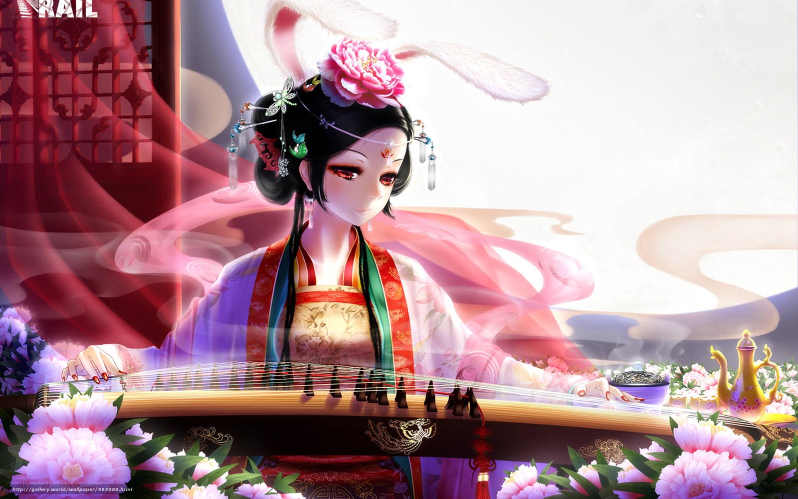 Anime woman playing guzheng