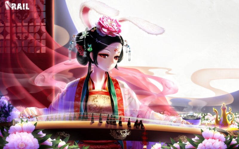 Anime woman playing guzheng