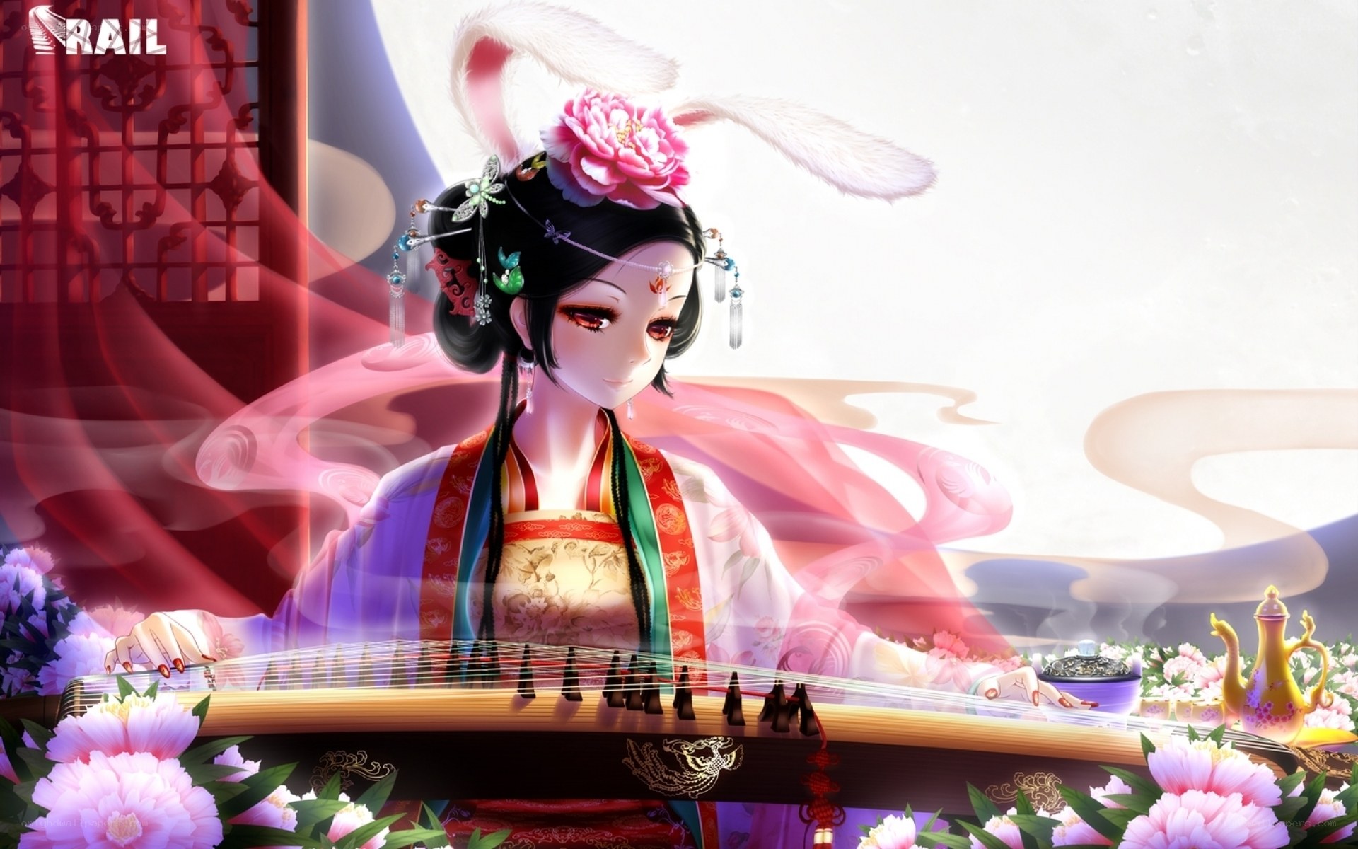 Anime woman playing guzheng
