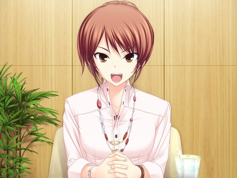 Anime Woman Sitting — Brown, Neutral, Plant