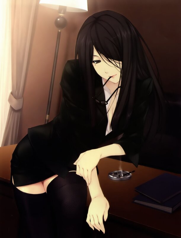 anime woman smoking at desk
