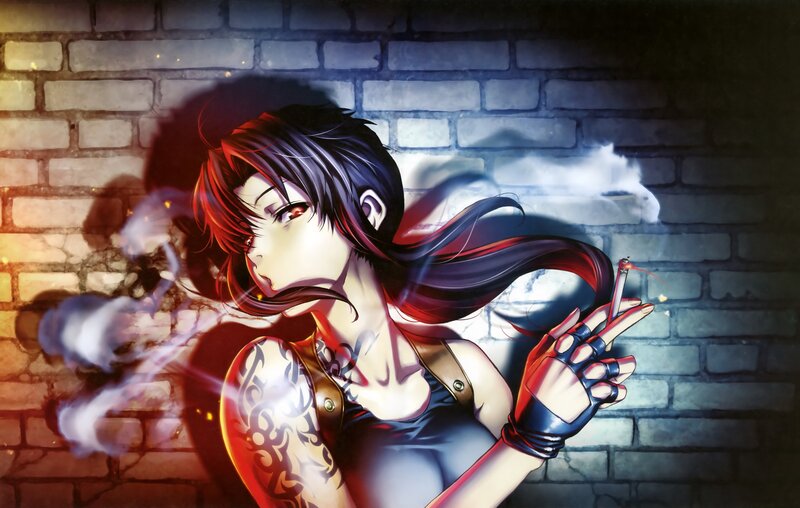 Anime Woman Smoking — Black, Dramatic