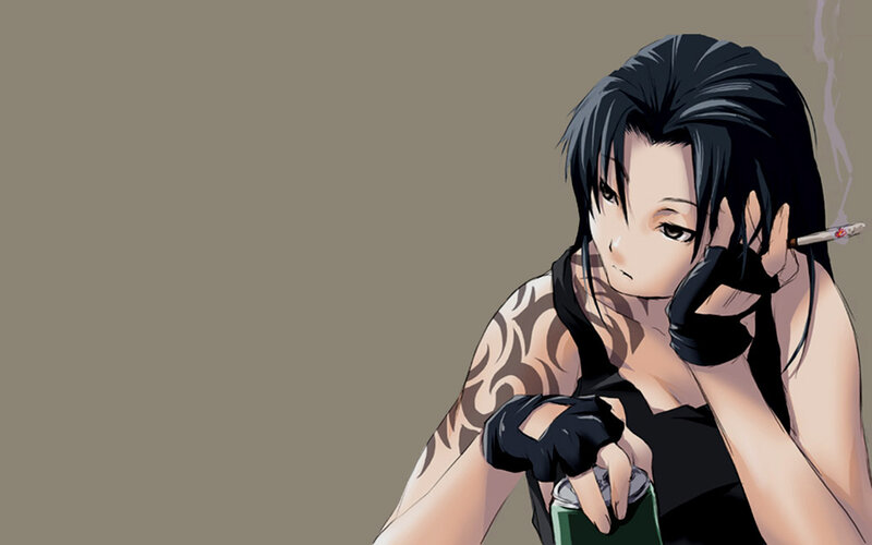 Anime Woman Smoking — Black, Neutral