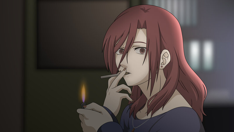 Anime Woman Smoking — Red, Dark