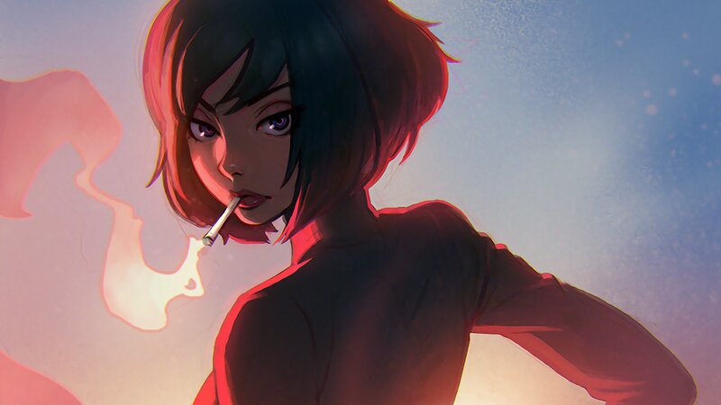 Anime Woman Smoking — Red, Dramatic, Sunset