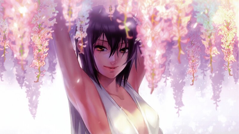 Anime Woman under Flowers — Pink, Serene, Spring