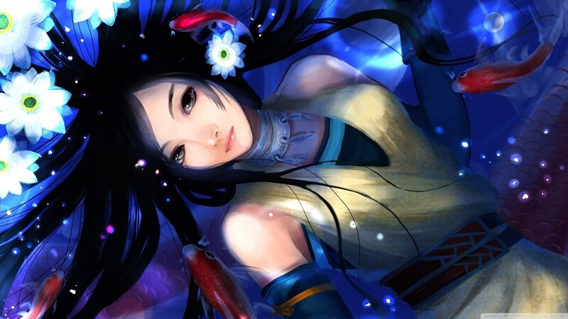 Anime Woman Underwater — Blue, Serene