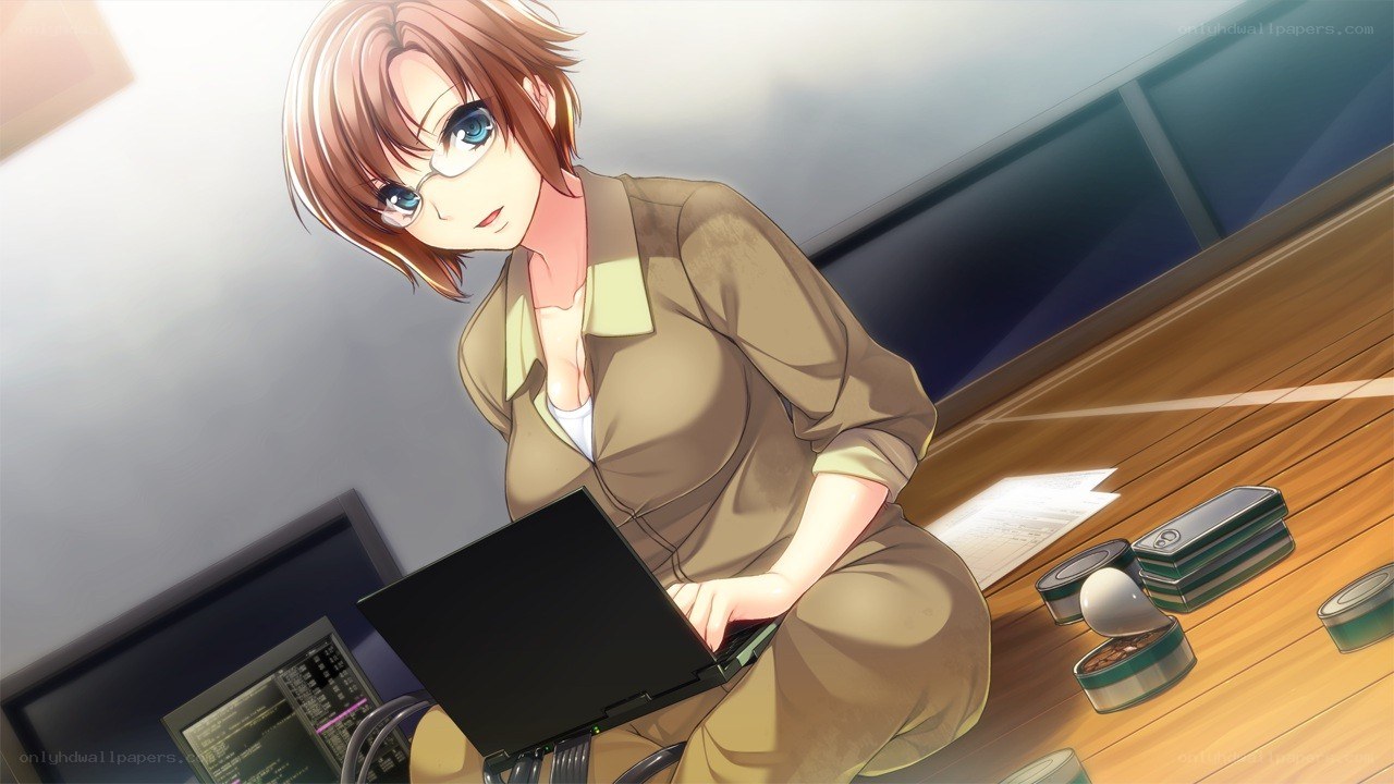 anime woman using laptop