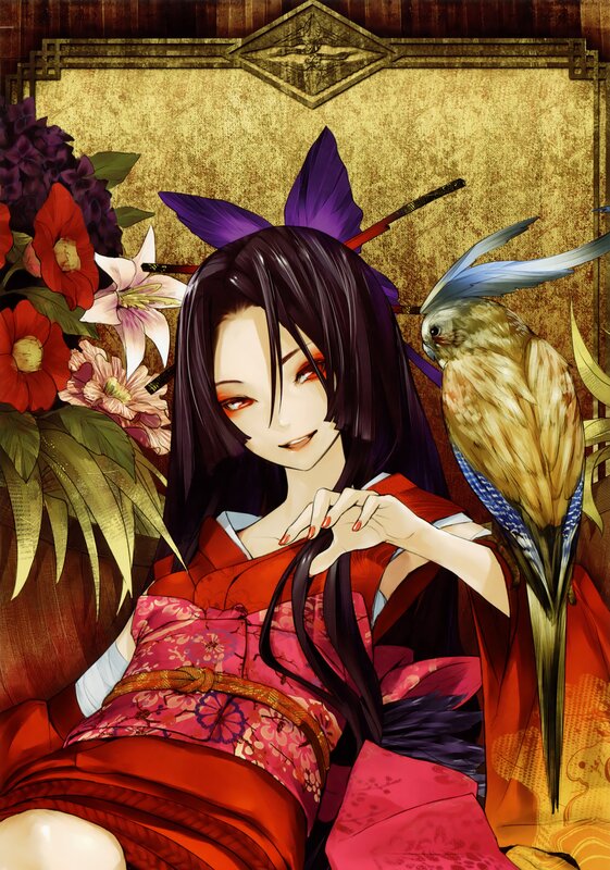 anime woman with bird and flowers