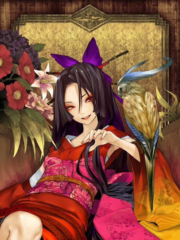 Anime woman with bird and flowers