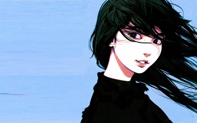 Anime Woman with Black Hair — Blue, Calm