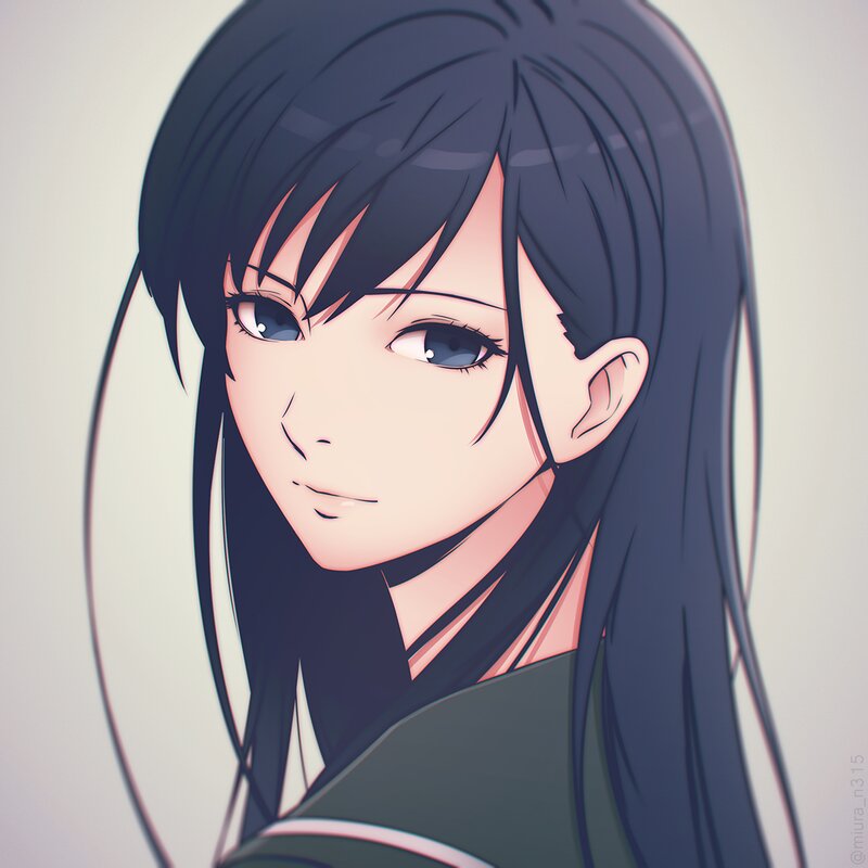 Anime Woman with Black Hair — Calm, Blue Eyes