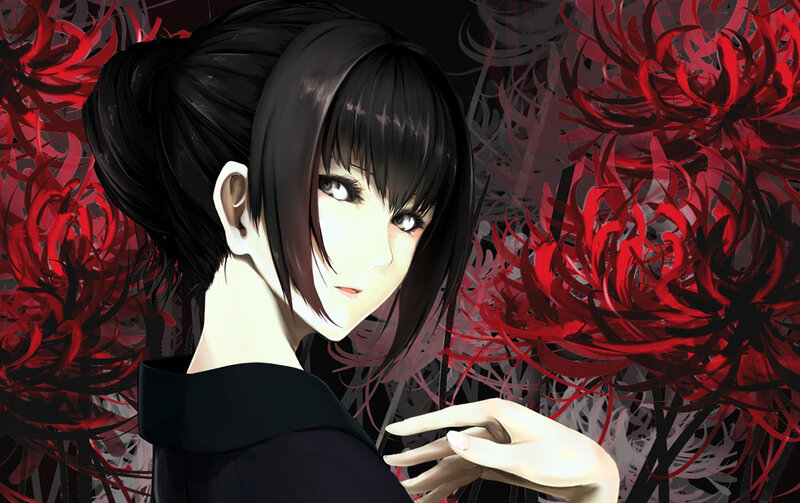 Anime Woman with Black Hair — Dramatic, Red Flowers