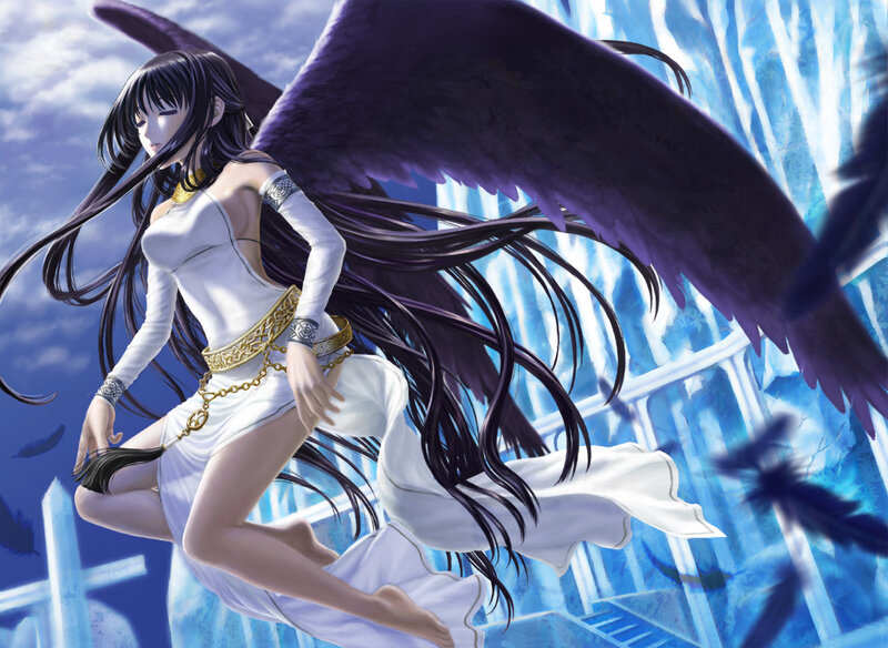 Anime Woman with Black Wings — White
