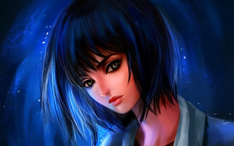 Anime Woman with Blue Hair — Dramatic, Digital Art, Blue Hair