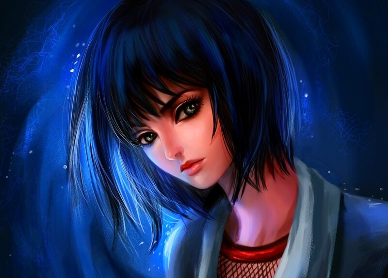 Anime Woman with Blue Hair — Dramatic, Night, Digital Art