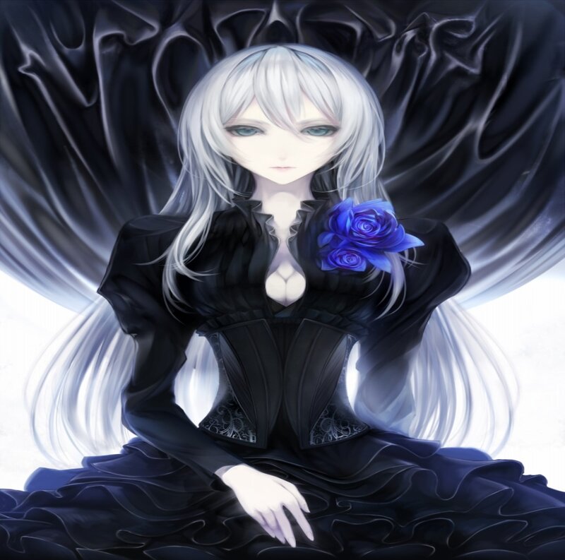 Anime Woman with Blue Roses — Black