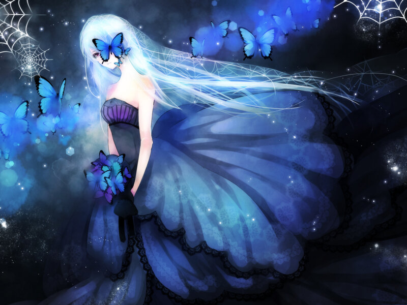 Anime Woman with Butterflies — Blue