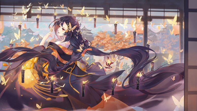Anime Woman with Butterflies — Purple, Serene