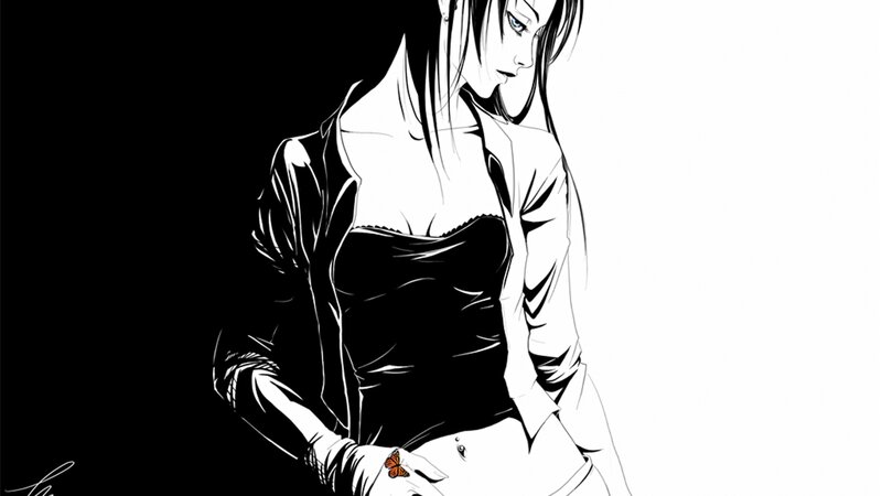 Anime Woman with Butterfly — Black, Dramatic
