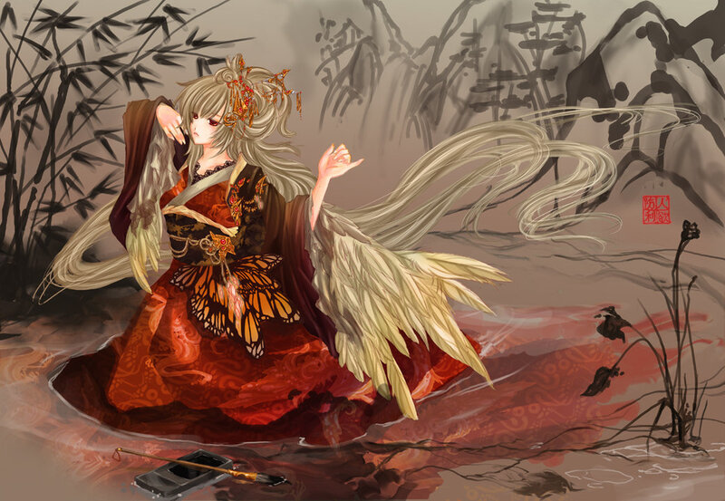Anime woman with butterfly wings