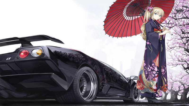 Anime Woman with Car — Black, Serene