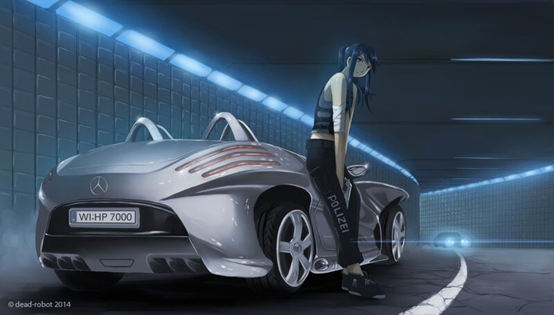 Anime Woman with Car — Blue