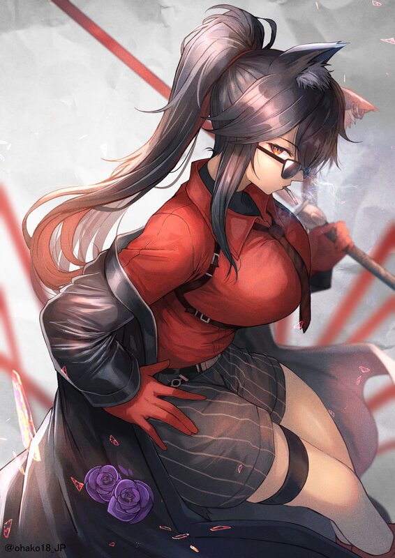 Anime Woman with Cat Ears — Red, Dramatic, Digital Art
