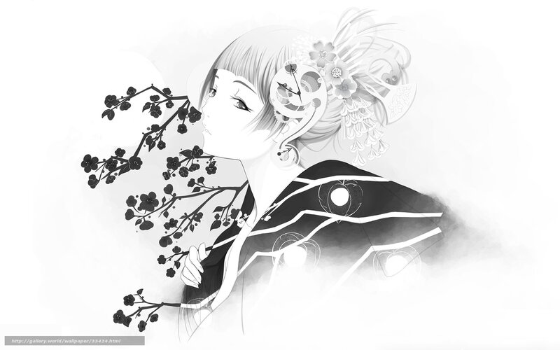 Anime Woman with Cherry Blossoms — Black, Serene