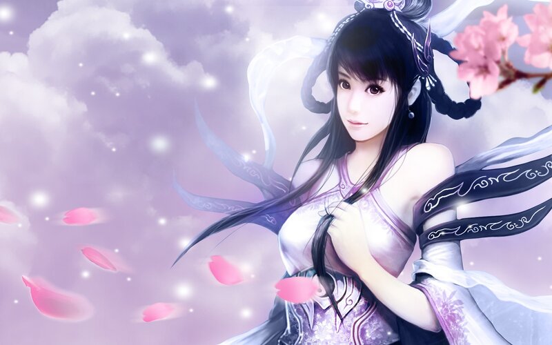 Anime Woman with Cherry Blossoms — Purple