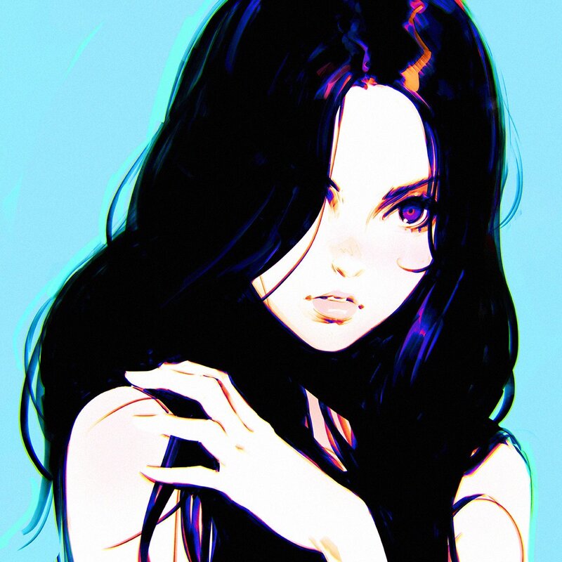 Anime Woman with Dark Hair — Blue, Dramatic, Digital Art, Hand