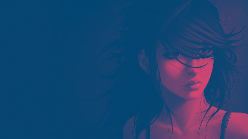 Anime Woman with Dark Hair — Blue, Dramatic, Digital Art, Lip Piercing