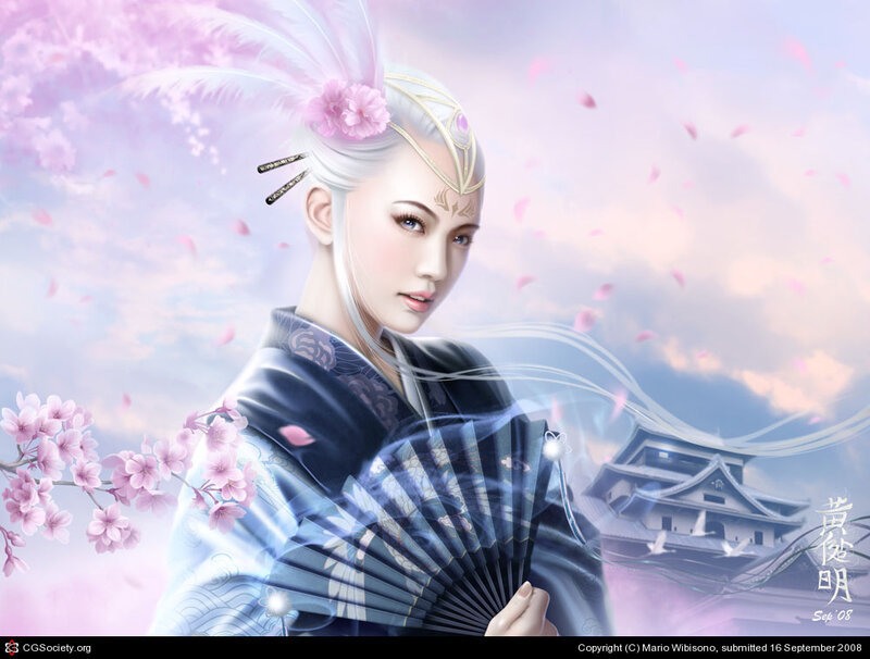 Anime woman with fan and cherry blossoms