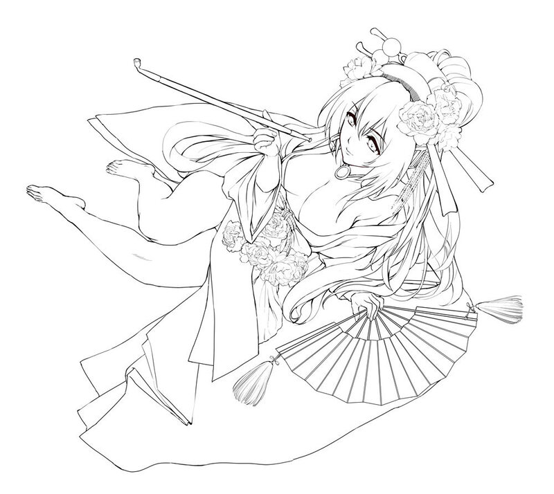 anime woman with fan and pipe