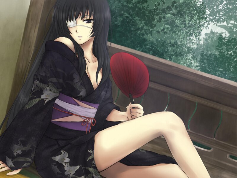 Anime Woman with Fan — Black, Calm