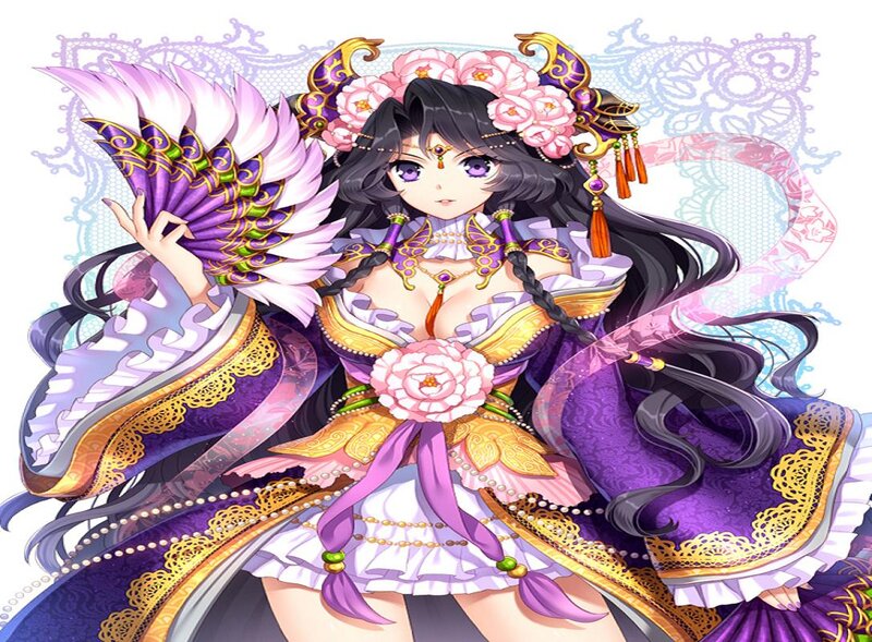 Anime Woman with Fan — Purple, Dramatic, Digital Art, Flowers