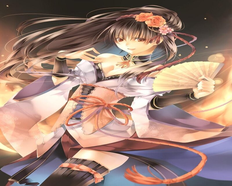 Anime Woman with Fan — Purple, Dramatic, Flowers