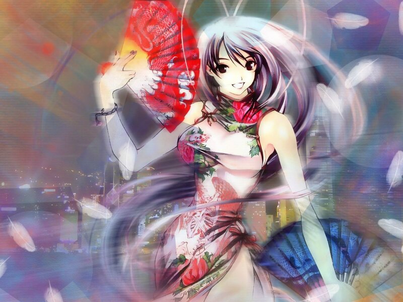 Anime Woman with Fan — Red
