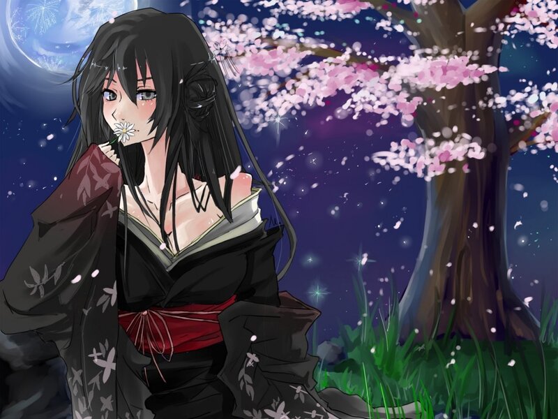 Anime Woman with Flower — Black, Serene