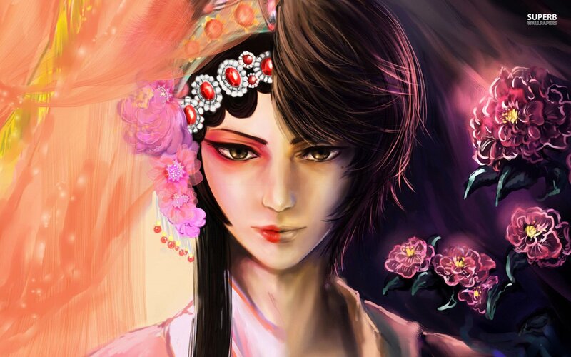 anime woman with flowers