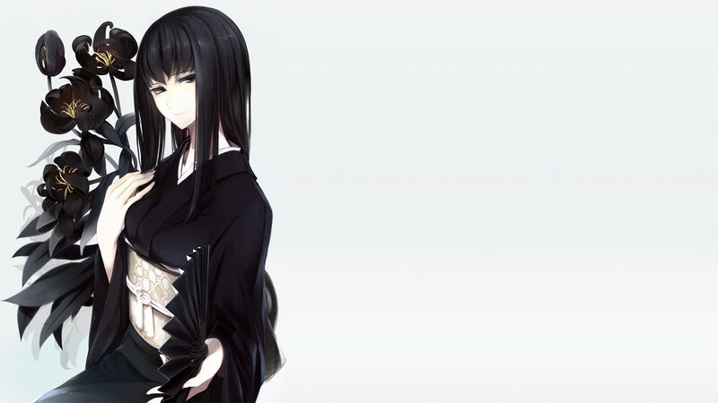 Anime Woman with Flowers — Black, Calm, Digital Art