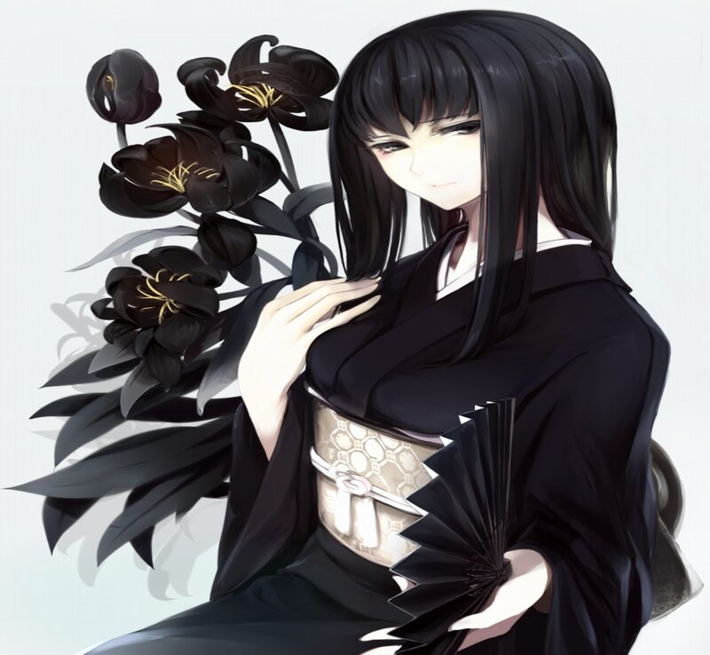 Anime Woman with Flowers — Black, Calm