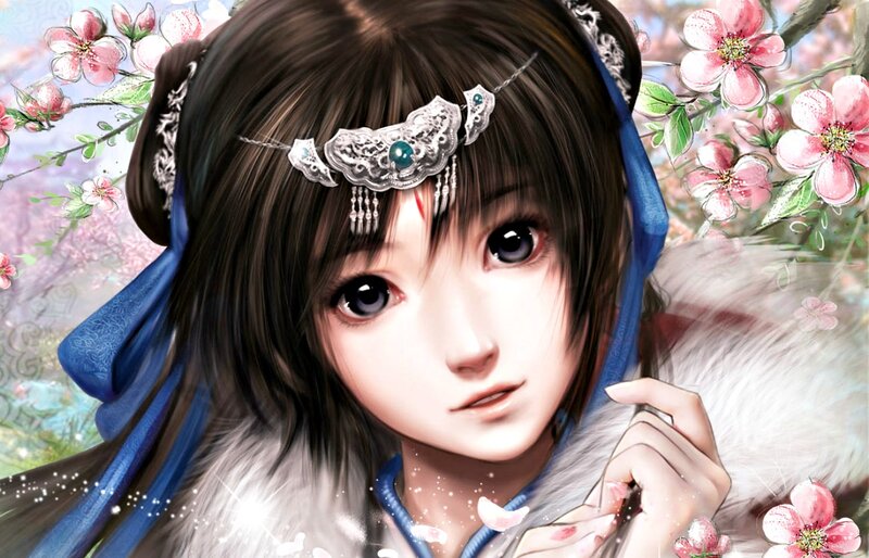 Anime Woman with Flowers — Blue, Serene, Spring