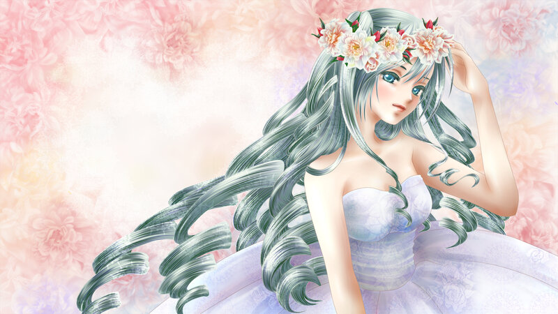 Anime Woman with Flowers — Pink, Serene, Digital Art