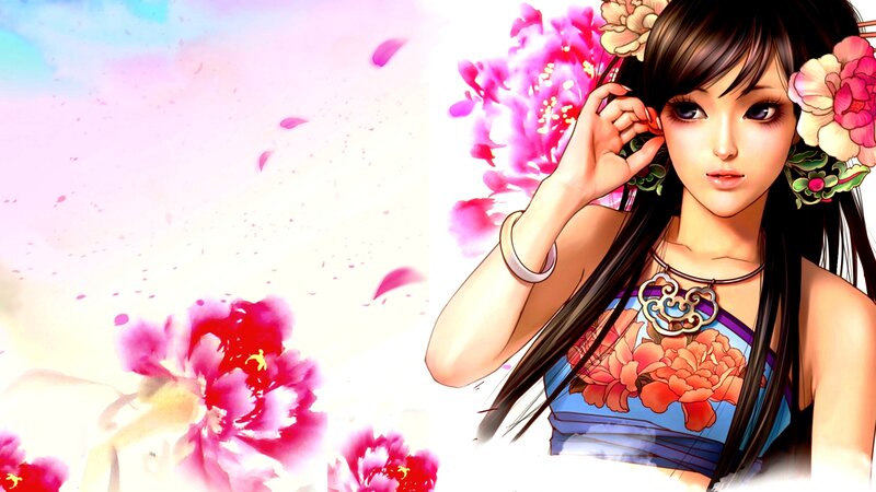 Anime Woman with Flowers — Pink, Serene, Manga