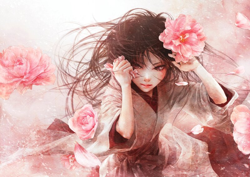 Anime Woman with Flowers — Pink, Serene, Spring