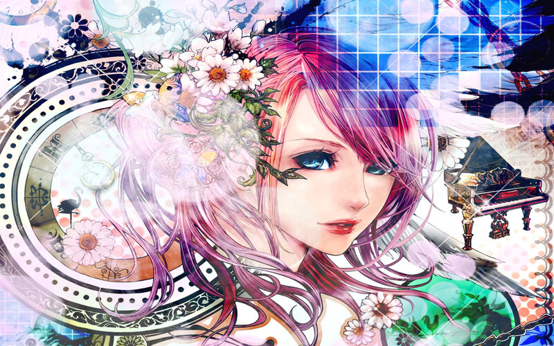 Anime Woman with Flowers — Pink