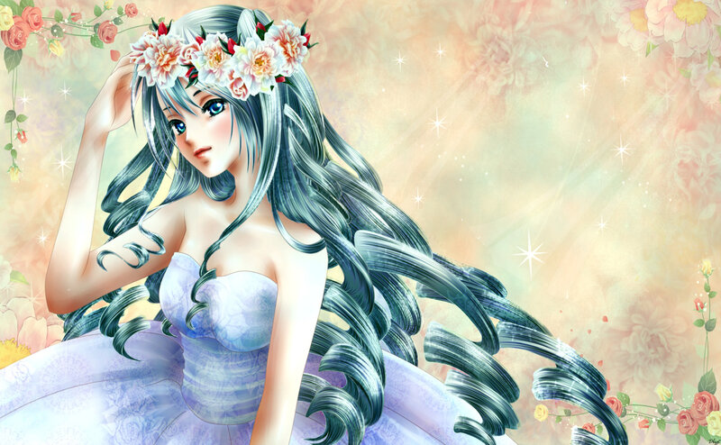 Anime Woman with Flowers — Purple, Dreamy